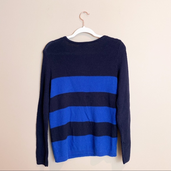 Loft- Medium Navy Striped Color Block Sweater with Buttons - Picture 2 of 5